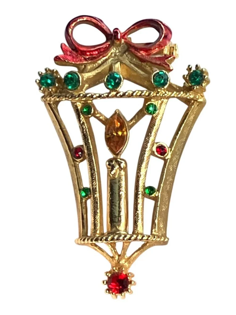 Gold-Tone Christmas Candle Lantern Brooch Pin Signed B.J. Vintage